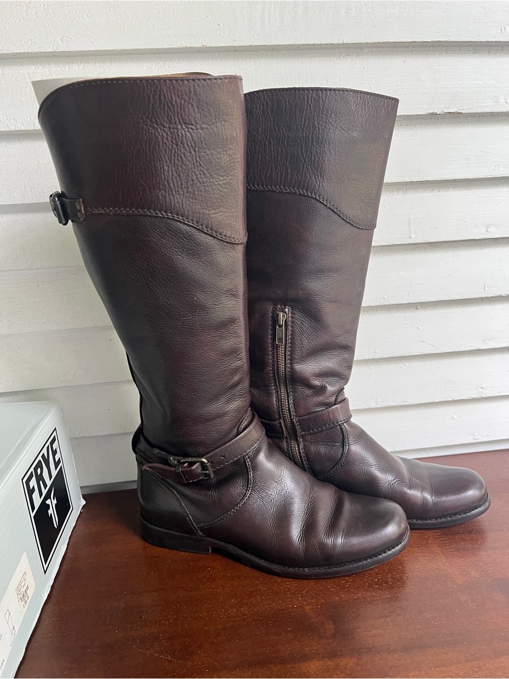 Frye Dark Brown Leather Tall Riding Boots with Buckle - Picture 4 of 8